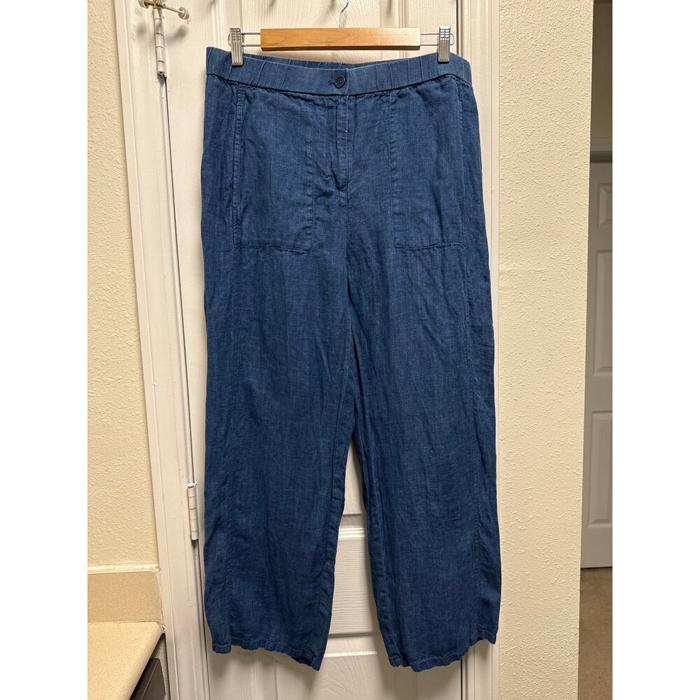 Eileen Fisher Organic Linen Straight Leg Blue Pants Size Large Petite Lagenlook - Picture 2 of 6